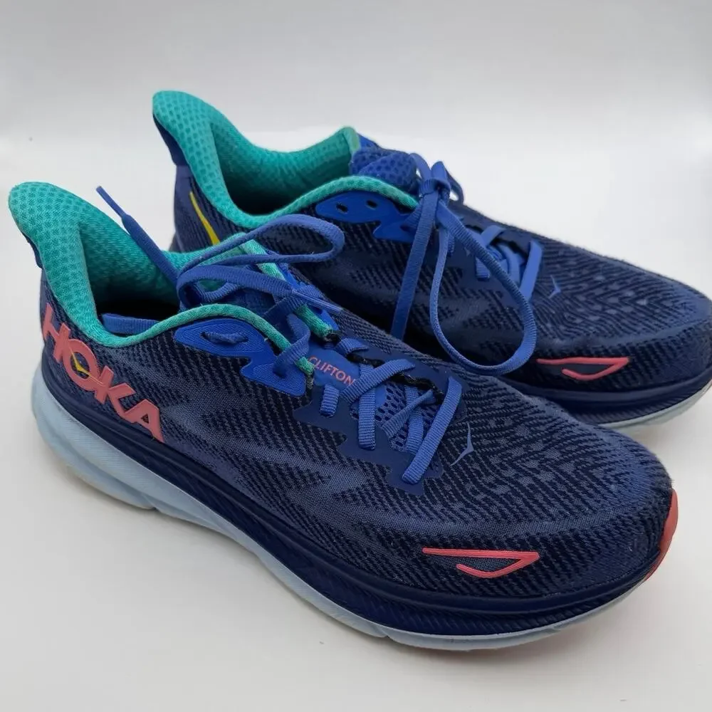 HOKA ONE ONE Clifton 9 Running Shoes Navy Aqua Pink Women's Size 8.5